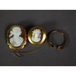 LATE VICTORIAN GOLD COLOUR METAL (unmarked) mounted carved SHELL CAMEO CIRCULAR BROOCH, with hair