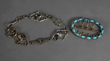 VINTAGE OVAL BUCKLE set with turquoise coloured and white paste stones and a FANCY WATCH CHAIN