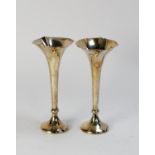 GEORGE V WEIGHTED SILVER PAIR OF TRUMPET VASES BY JAMES DIXON, each with serrated rims to the