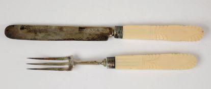 GEORGE IV SILVER BLADED CASED PAIR OF FRUIT KNIFE AND FORK WITH CARVED BONE HANDLES BY GEORGE