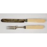 GEORGE IV SILVER BLADED CASED PAIR OF FRUIT KNIFE AND FORK WITH CARVED BONE HANDLES BY GEORGE