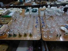 A QUANTITY OF PLAIN OR MOULDED WINE GLASSES, TUMBLERS AND SUNDAE DISHES; CUT GLASS MINIATURE