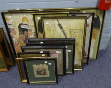 APPROX 10 FRAMED COLOUR PRINTS RELATING TO ANCIENT EGYPT MAINLY FEMALE FIGURES, SOME PLAYING THE