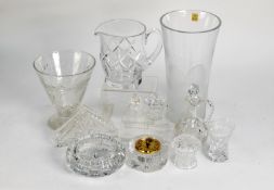 ELEVEN PIECES OF MOSTLY MODERN CUT GLASS, to include; TYRONE CRYSTAL DRESSING TABLE CLOCK, BOXED