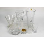ELEVEN PIECES OF MOSTLY MODERN CUT GLASS, to include; TYRONE CRYSTAL DRESSING TABLE CLOCK, BOXED