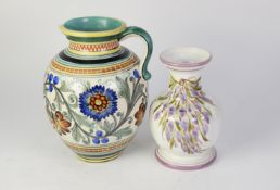 ITALIAN, HAND PAINTED MAIOLICA POTTERY LARGE JUG, of oviform, painted with flower heads and