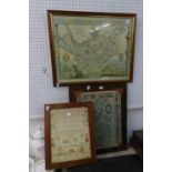 A PRINT REPRODUCTION OF AN ANTIQUE MAP OF CHESHIRE, ANOTHER REPRODUCTION MAP AND A PRINT OF A