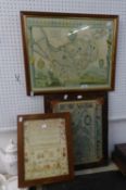 A PRINT REPRODUCTION OF AN ANTIQUE MAP OF CHESHIRE, ANOTHER REPRODUCTION MAP AND A PRINT OF A