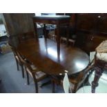 REGENCY STYLE MAHOGANY D END DOUBLE PEDESTAL DINING TABLE AND A SET OF FIVE  DINING CHAIRS,