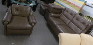 A BROWN HIDE LOUNGE SUITE OF FOUR PIECES