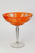 LARGE MID TWENTIETH CENTURY CUT GLASS PEDESTAL BOWL, the orange stained and cut glass ogee bowl on