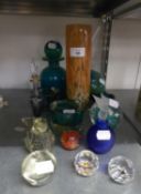 SELECTION OF STUDIO GLASSWARES VARIOUS TO INCLUDE; MDINA MOTTLED BLUE AND GREEN DECANTER/BOTTLE