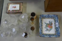 GLASS DRESSING TABLE WARES, 8 PIECES, INCLUDING A PAIR OF SHORT CANDLESTICKS; WEDGWOOD CHINA
