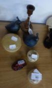 A PAIR OF ALABASTER SMALL CIRCULAR BOXES, ANOTHER LARGER,  TWO POTTERY BIRDS AND TWO OTHER ITEMS (7)