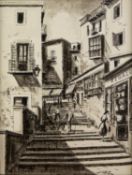 DIAZ (TWENTIETH CENTURY) PEN AND WASH DRAWING Steps in a Continental Town Signed, bears Unicorn