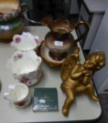 A LARGE POTTERY TOILET JUG AND BOWL, PINK GILT AND FLORAL DECORATED, A PAIR OF ST. GEORGES CHINA