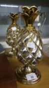 PAIR OF MODERN GILT AND PLATED METAL PINEAPPLE SHAPE CANDLESTICKS, WITH SHORT WAISTED STEM AND