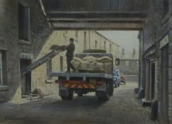 JOHN L CHAPMAN (b.1946) GOUACHE DRAWING 'Unloading at Abbey Corn Mill, Whalley' Signed lower left,