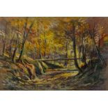 J NICHOLSON (TWENTIETH CENTURY) PASTEL DRAWING Woodland scene with bridge Signed 9 ½? x 14? (24.