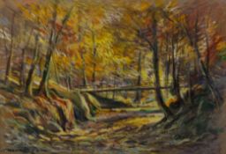 J NICHOLSON (TWENTIETH CENTURY) PASTEL DRAWING Woodland scene with bridge Signed 9 ½? x 14? (24.