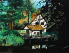 THEWLIS (TWENTIETH CENTURY) GOUACHE DRAWING Riverside residence with jetty? Signed and dated (19)