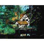 THEWLIS (TWENTIETH CENTURY) GOUACHE DRAWING Riverside residence with jetty? Signed and dated (19)