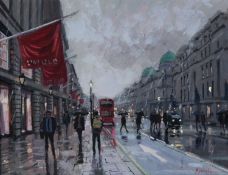 CHARLES ROWBOTHAM (MODERN) OIL ON BOARD ?Regent Street Bustle? Signed, titled verso 9? x 12? (22.8cm