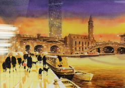 PETER J RODGERS (MODERN) WATERCOLOUR DRAWING ?Evening Light-Manchester? Signed, titled to gallery