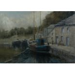 H MAKIN (TWENTIETH CENTURY) PASTEL DRAWING Harbour scene with moored fishing boats Signed and