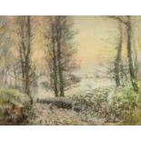 ALBERT WOODS (1871-1944) PASTEL DRAWING Winter landscape with trees in the foreground Signed 18 ½? x