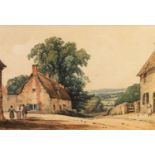 THOMAS ALLOM (1804 - 1872) WATERCOLOUR DRAWING Village scene with figures 9 1/2in x 14in (24 x 35.