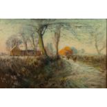 ALBERT WOODS (1871-1944) PASTEL DRAWING Cattle on a rural lane with farm buildings in the distance