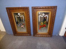 PAIR OF ETCHED AND PAINTED GLASS WALL MIRRORS, each with bevel edged oblong plate decorated with a