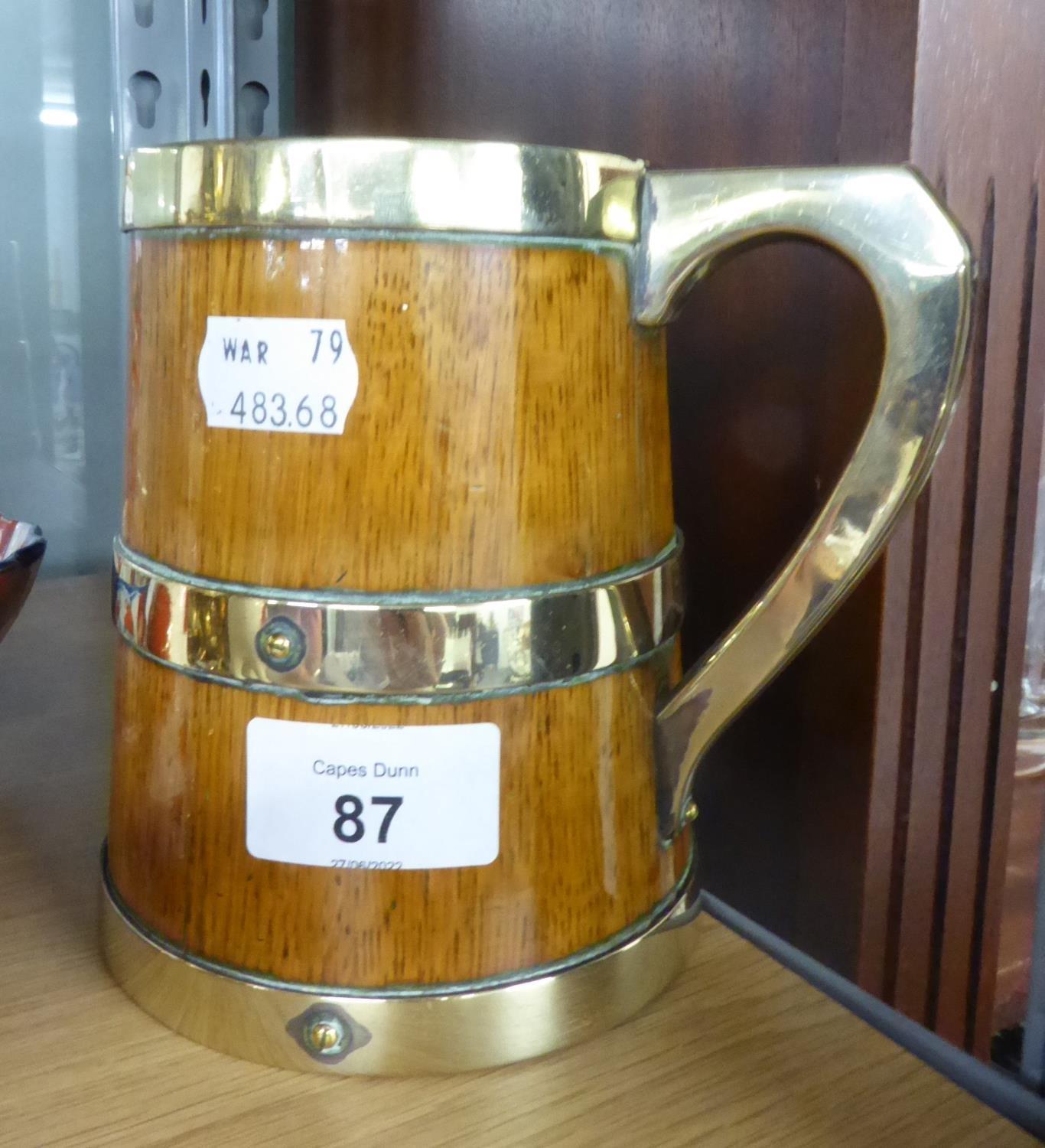 OAK AND BRASS BOUND PINT TANKARD