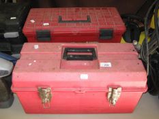 TWO RED PLASTIC TOOL BOXES WITH CONTENTS