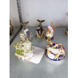 THREE MODERN ROYAL CROWN DERBY PORCELAIN JAPAN DECORATED MODEL FISH ALSO TWO FROGS SIMILAR (5)