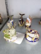 THREE MODERN ROYAL CROWN DERBY PORCELAIN JAPAN DECORATED MODEL FISH ALSO TWO FROGS SIMILAR (5)