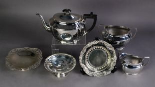 THREE PIECE GEORGIAN STYLE ELECTROPLATE TEA SET, of shaped oval form with black angular scroll