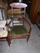 AN EARLY 20TH CENTURY MAHOGANY DRAWING ROOM OPEN ARMCHAIR, WITH BOXWOOD LINE INLAID OVAL SHOULDER