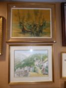 AN AMATEUR WATERCOLOUR DRAWING  'LYNMOUTH' AND A COLOUR PRINT AFTER MARGOTTON 'PORTUGUESE FISHING