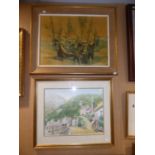 AN AMATEUR WATERCOLOUR DRAWING  'LYNMOUTH' AND A COLOUR PRINT AFTER MARGOTTON 'PORTUGUESE FISHING