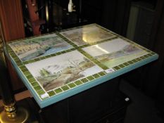 A WOOD OBLONG COFFEE TABLE WITH LANDSCAPE PAINTED TILED TOP, 1?11? X 1?8?