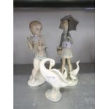 LLADRO PORCELAIN FIGURE, OF A GIRL WITH OPEN UMBRELLA AND BASKET, GOOSE AND GOSLINGS ROUND HER FEET,