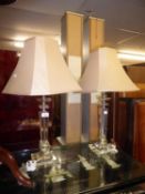 A PAIR OF GLASS TABLE LAMPS, ON SQUARE STEPPED BASES AND PAD FEET