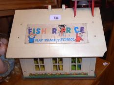 FISHER PRICE ?PLAY FAMILY SCHOOL? METAL AND PLASTIC TOY SCHOOL HOUSE, PLAYGROUND SLIDE,