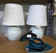 PAIR OF BEDSIDE TABLE LAMPS, TOUCH OPERATED; A POOLE POTTERY DOLPHIN AND DISH