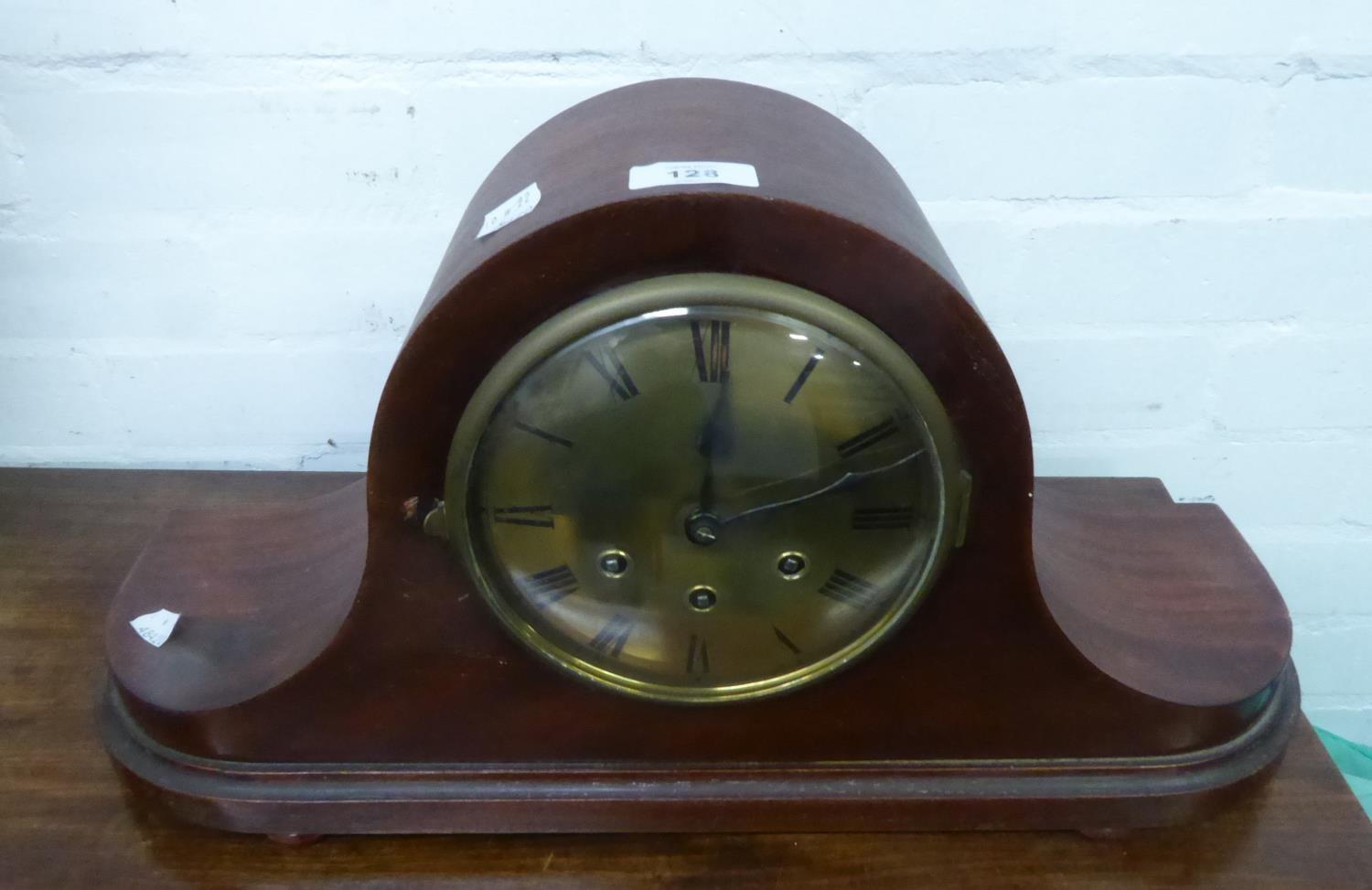 LARGE MAHOGANY CASED NAPOLEON HAT SHAPED MANTLE CLOCK with brass dial and striking on five rods, 21?