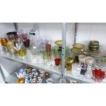 GOOD SELECTION OF MISCELLANEOUS GLASS WARES, INCLUDING A LARGE GOBLET SHAPED RED GLASS VASE