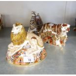 THREE MODERN ROYAL CROWN DERBY PORCELAIN JAPAN DECORATED ANIMAL MODELS comprising; 'Lion', 'Bengal