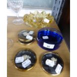 ITALIAN YELLOW GLASS WAVY ASHTRAY AND A BLUE GLASS CIRCULAR ASHTRAY; A SET OF FOUR SPANISH PORCELAIN